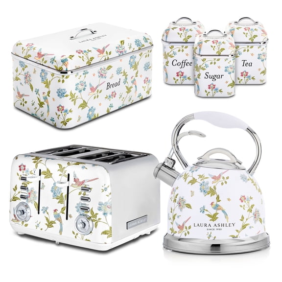 Laura Ashley Elveden White Kitchen Set - Whistling Stovetop Kettle, 4 Slice Toaster, Bread Bin & 3 Piece Canister Set Bundle