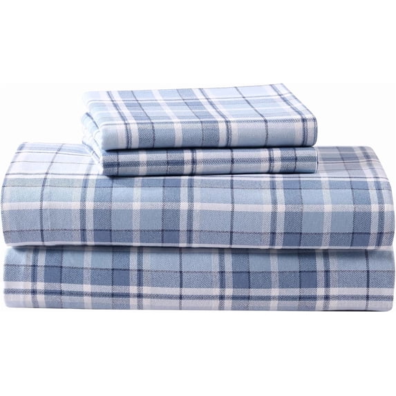 Laura Ashley - Flannel Sheets Queen Size, Anti-Pilling & Wrinkle Resistant Cotton, Touchably Soft for All-Season Comfort Bed with Matching Pillowcases Fitted Sheet (Mulholland Plaid Blue)