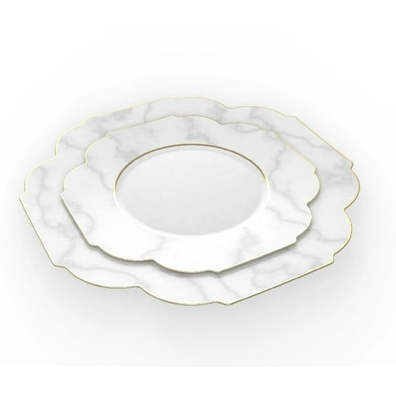 Laura Ashley Flower Collection 8.5" White Marble w/ Gold Rim Plastic Salad Plates 10ct.