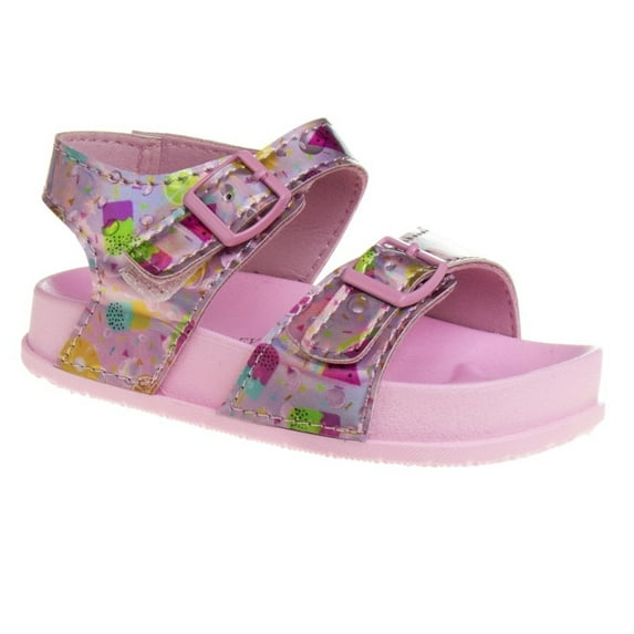 Laura Ashley Girls Double Buckle Flat Heel Footbed Sandals with Holographic Details (Toddler Sizes)