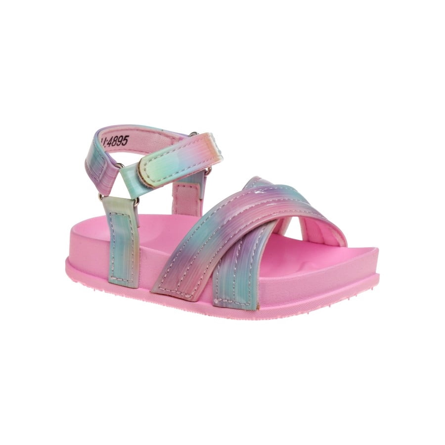Laura Ashley Girls Hook & Loop Flat Heel Footbed Sandals (Toddler Sizes) - Pastel/Multi, 9