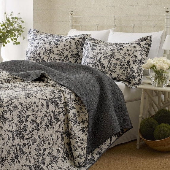 Laura Ashley Amberley Black Floral Cotton 3-piece Quilt Set