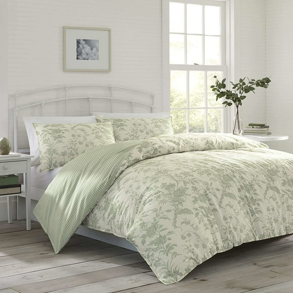 Laura Ashley Home - King Duvet Cover Set, Reversible Cotton Bedding with Matching Shams, Lightweight Home Decor for All Seasons (Natalie Sage,3 pcs, King) King (3-Piece)