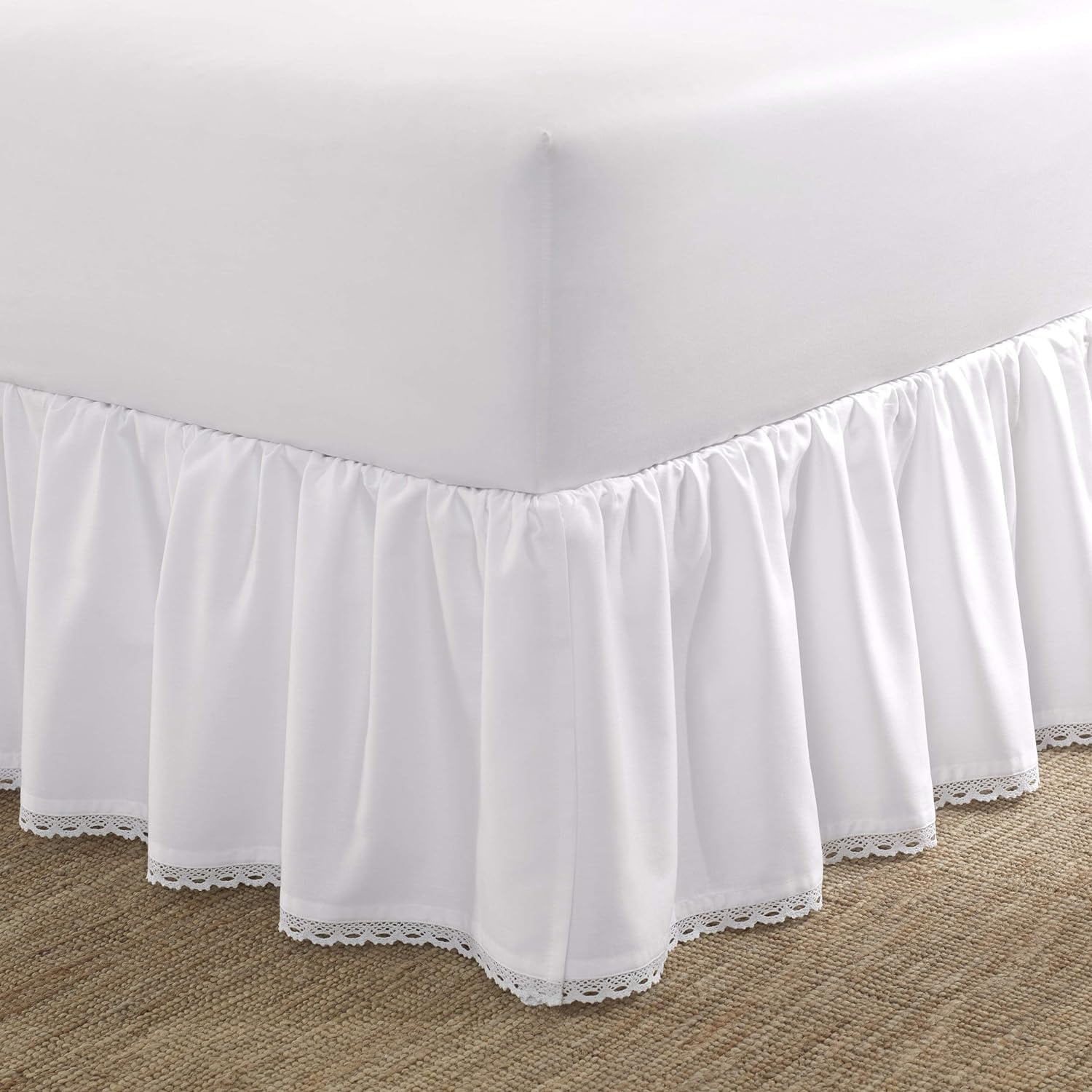 White Cotton Queen Bed Skirt with Lace Trim
