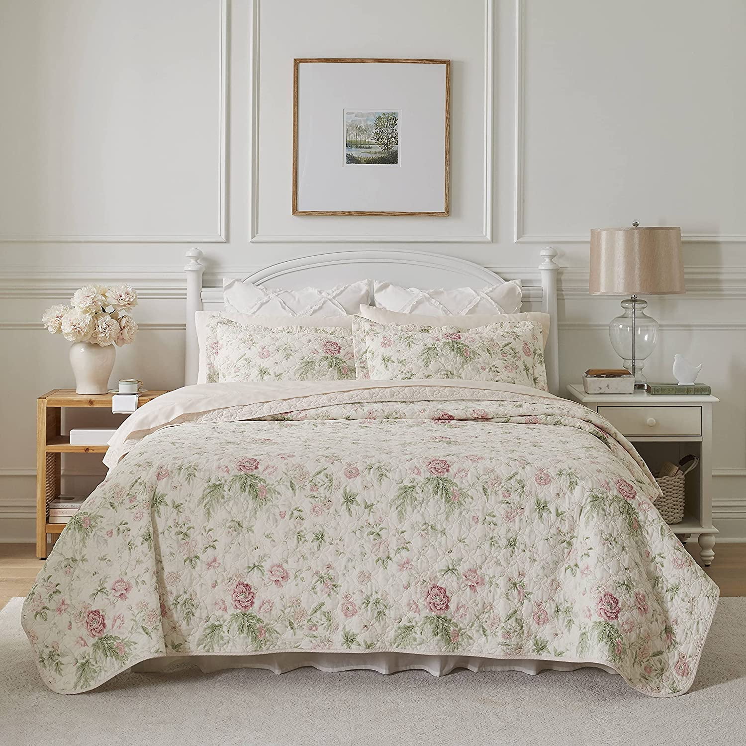 Laura Ashley Home Queen Quilt Set Reversible Cotton Bedding with Matching Shams Lightweight Home Decor for All Seasons Breezy Floral Pink Green Queen Queen Pink Green Walmart