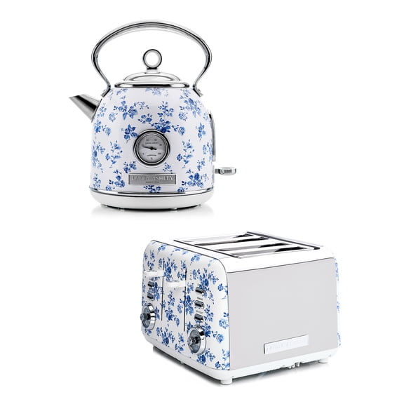 Laura Ashley China Rose 4-Slice Toaster and Dome Electric Kettle Set, Blue and White Floral Wide Slot Toaster with 1.7L Vintage Tea Kettle and Temperature Gauge, Stainless Steel