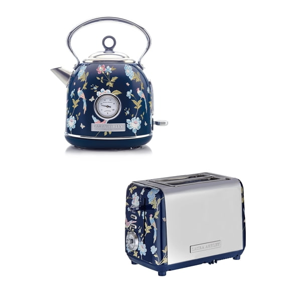Laura Ashley Elveden Navy Kettle and Toaster Set, Navy Floral 1.7L Dome Electric Tea Kettle with Temperature Gauge and 2-Slice Extra-Wide Slot Toaster, Stainless Steel