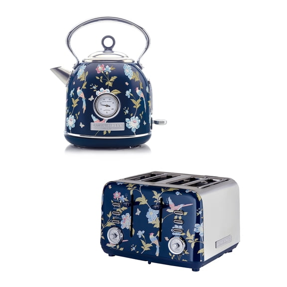 Laura Ashley Navy Floral Dome Kettle and 4-Slice Toaster Set, Elveden Navy 1.7L Retro Electric Tea Kettle with Thermometer and Extra-Wide Slot Toaster, Stainless Steel