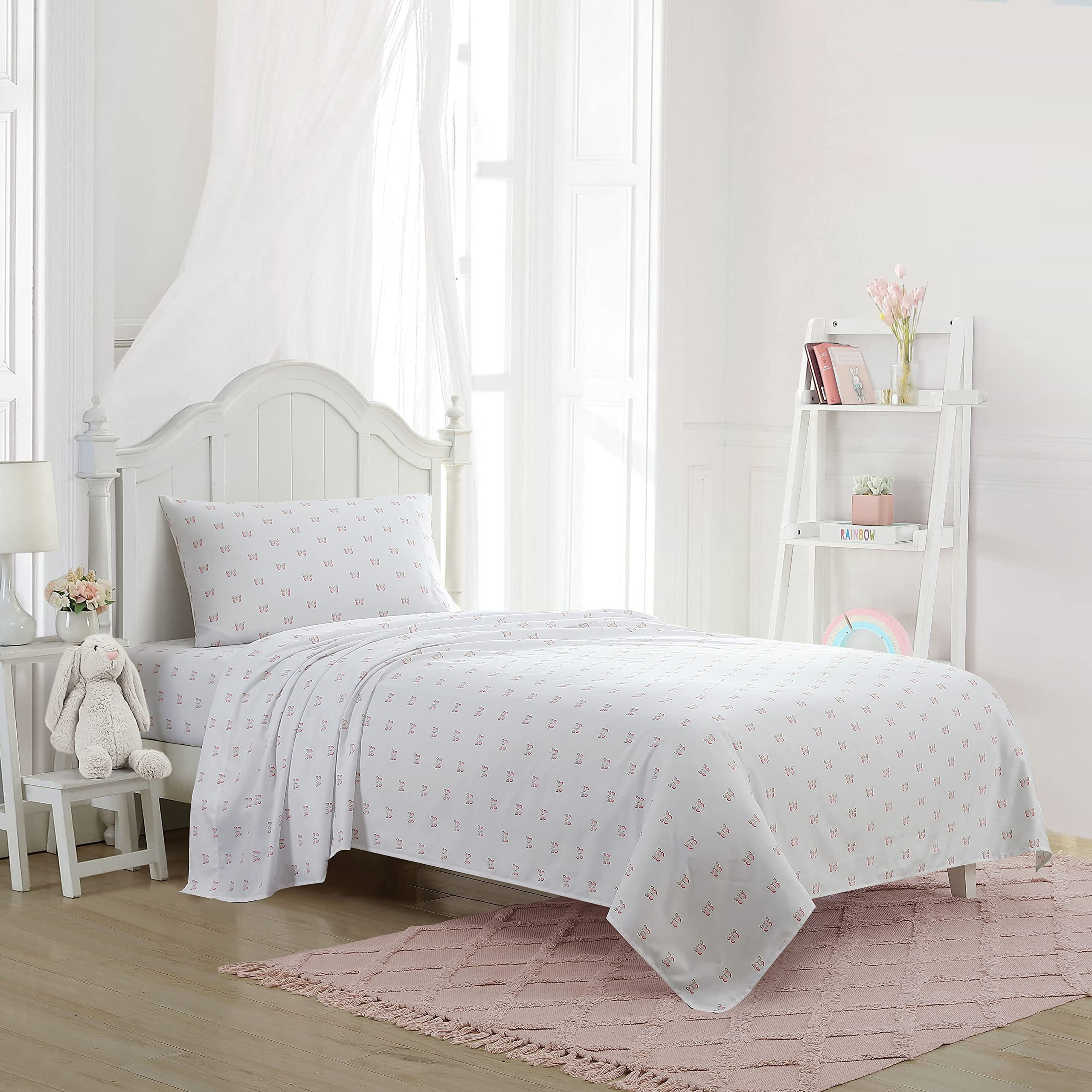 Pink Butterfly Print Twin XL Microfiber Kids Sheet Set