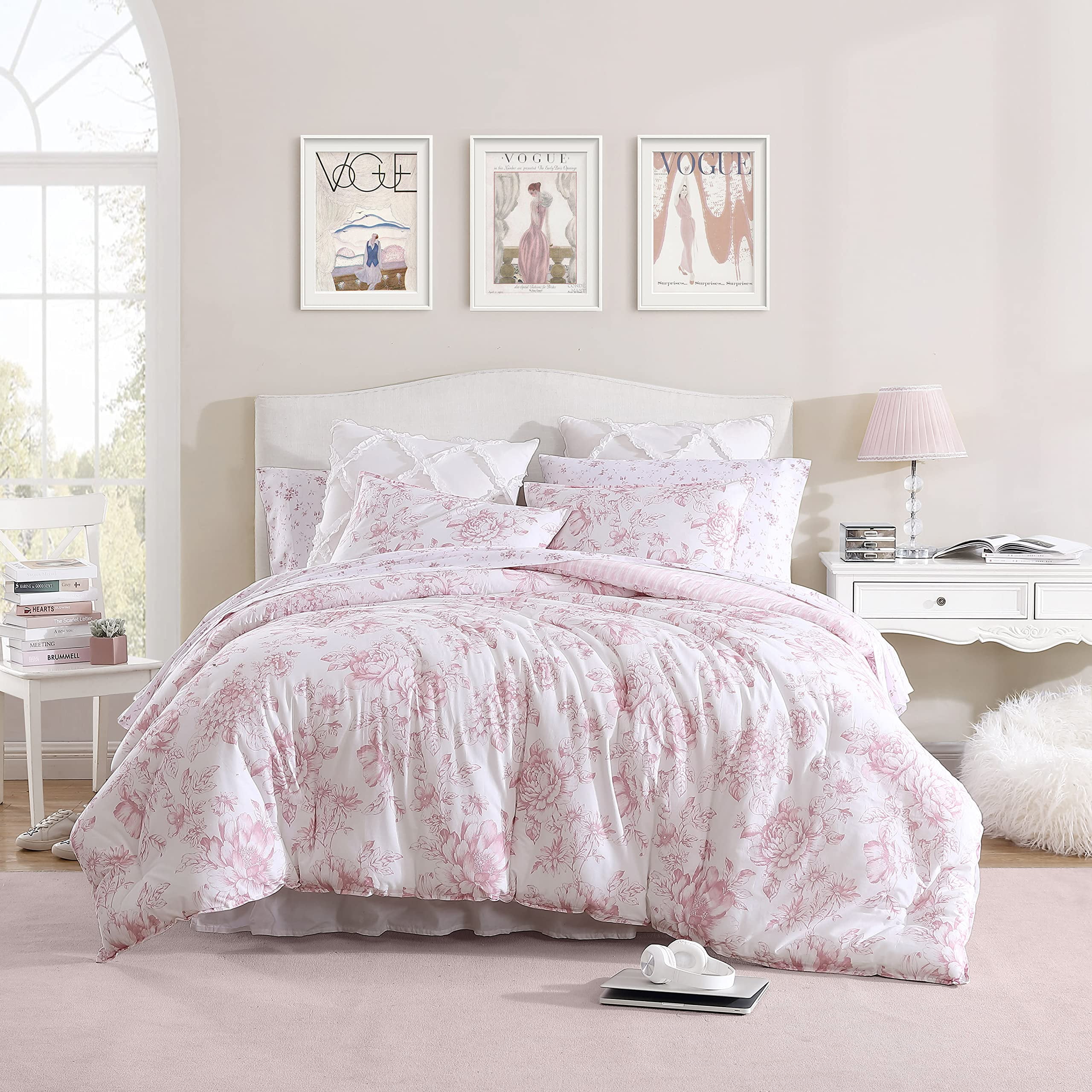 Delphine Pink Cotton Reversible King Comforter Set with Shams