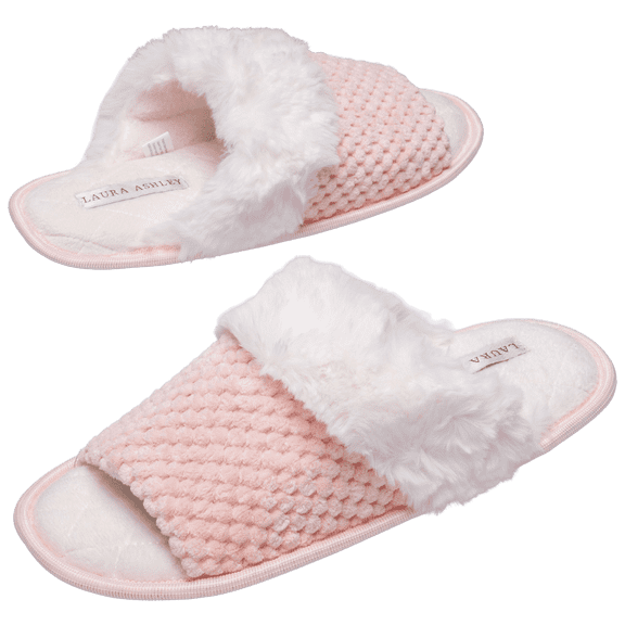 Laura Ashley Ladies Spa Texture Plush Open Toe Slippers with Memory Foam (Chalk Pink, Medium)