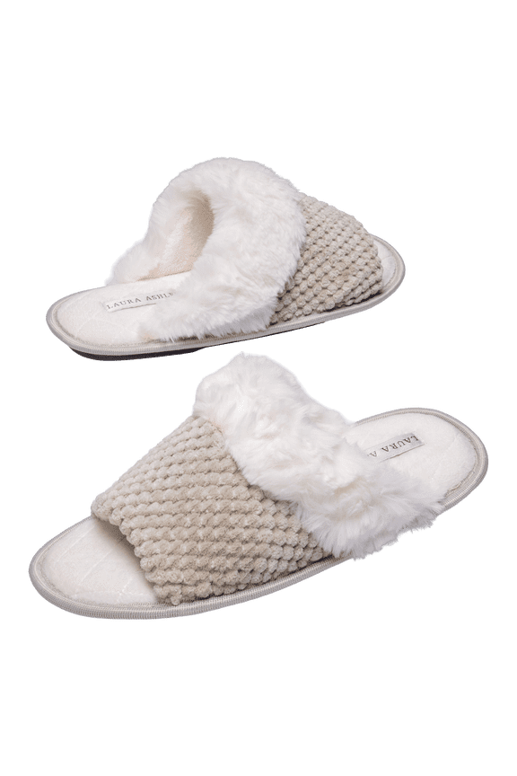 Ladies Spa Texture Plush Open Toe Slippers with Memory Foam (Nickle Green, Small)