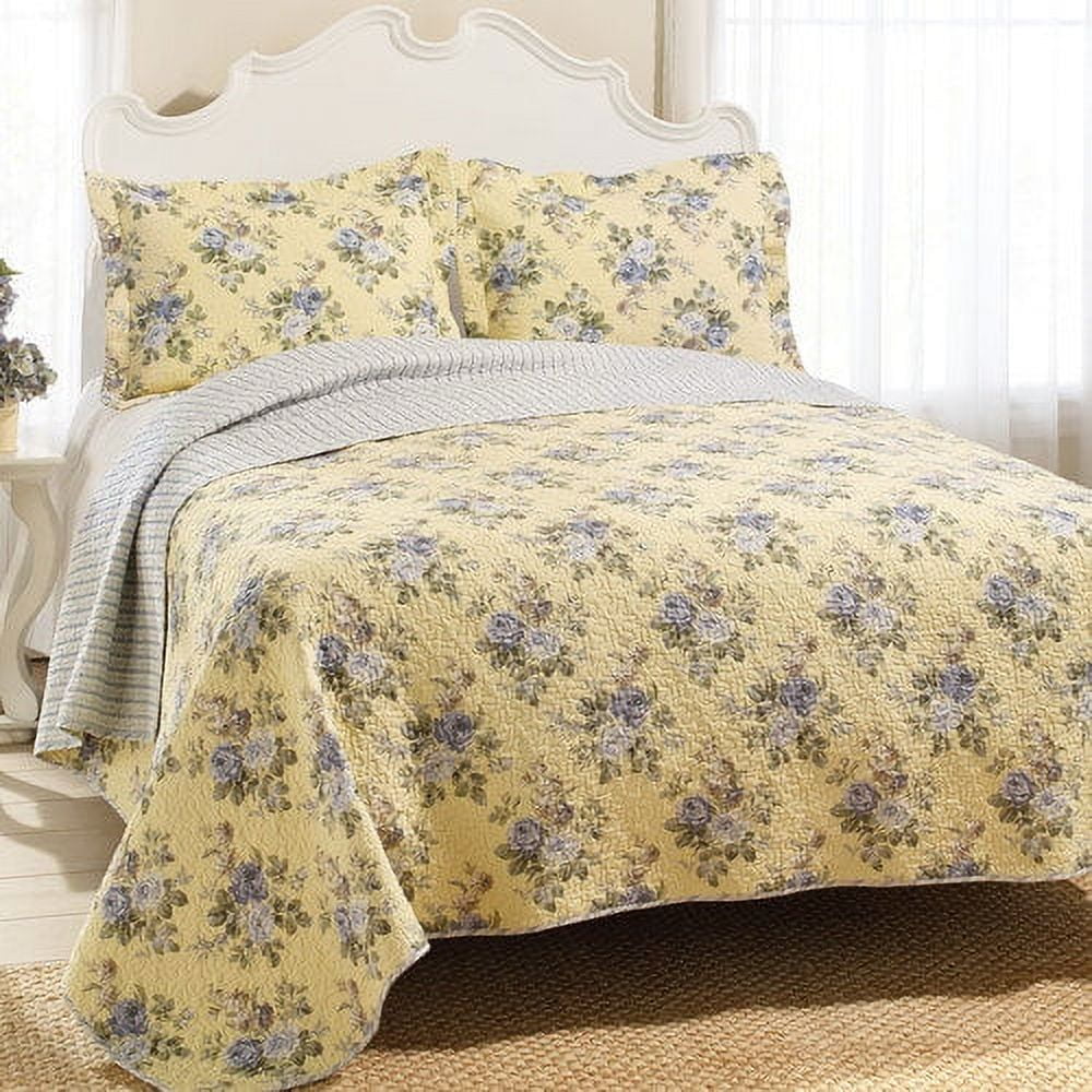 Linley Blue Floral Reversible Cotton Full Quilt Set