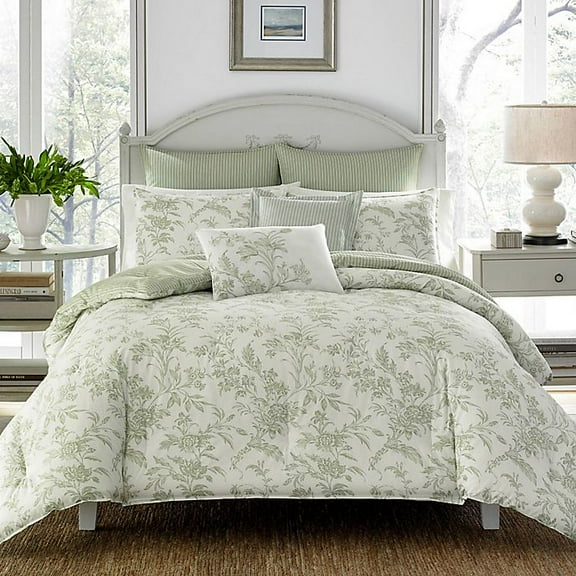 Laura Ashley Natalie 3-Pieces Sage Green Nature Floral Duvet Bedding Sets, Full Queen