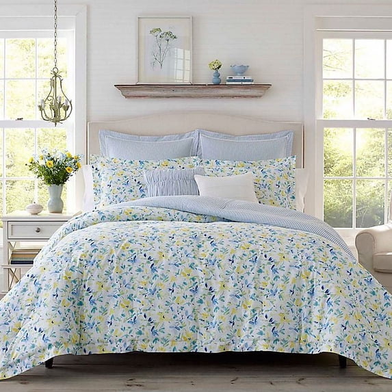 Laura Ashley Nora Collection Comforter Set-Ultra Soft All Season Bedding, Stylish Delicate Design Bedspread with Matching, Euro Shams, and Throw Pillows, Twin, Bright Blue Twin Bright Blue