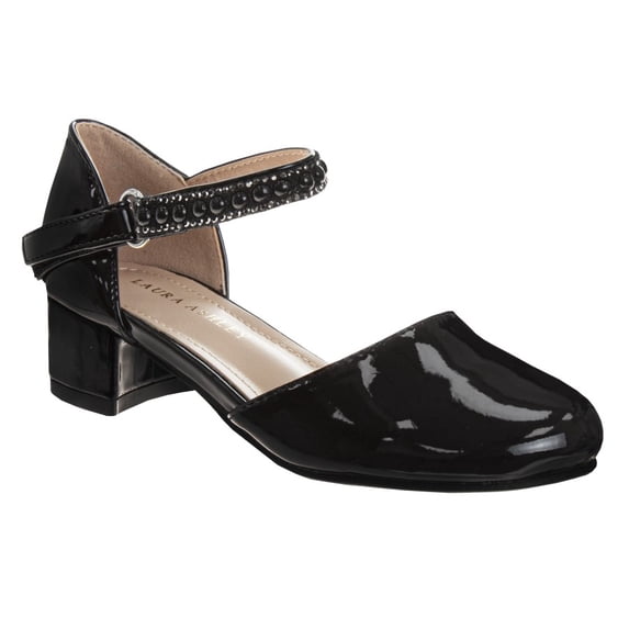 Laura Ashley Rhinestones Girls Low Heeled Dress Shoes. (Little Kids), Black Patent, 3