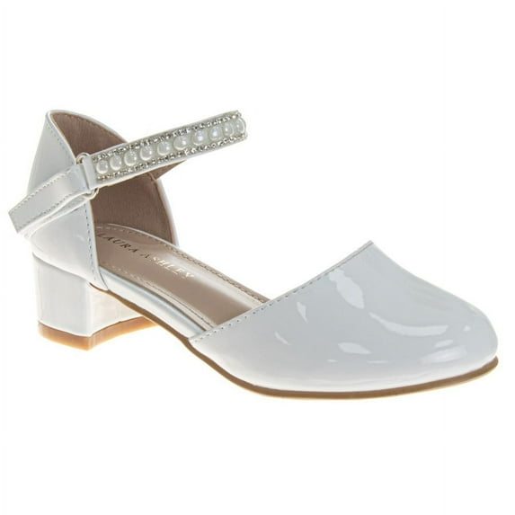 Laura Ashley Rhinestones Girls Low Heeled Dress Shoes. (Little Kids), White Patent, 1