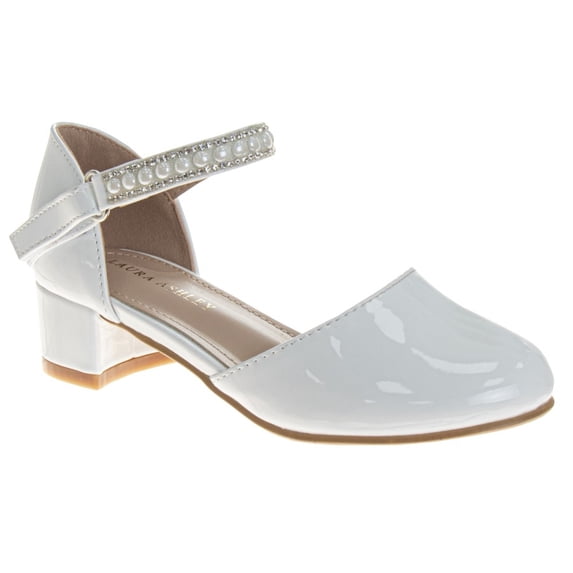 Laura Ashley Rhinestones Girls Low Heeled Dress Shoes. (Little Kids), White Patent, 1