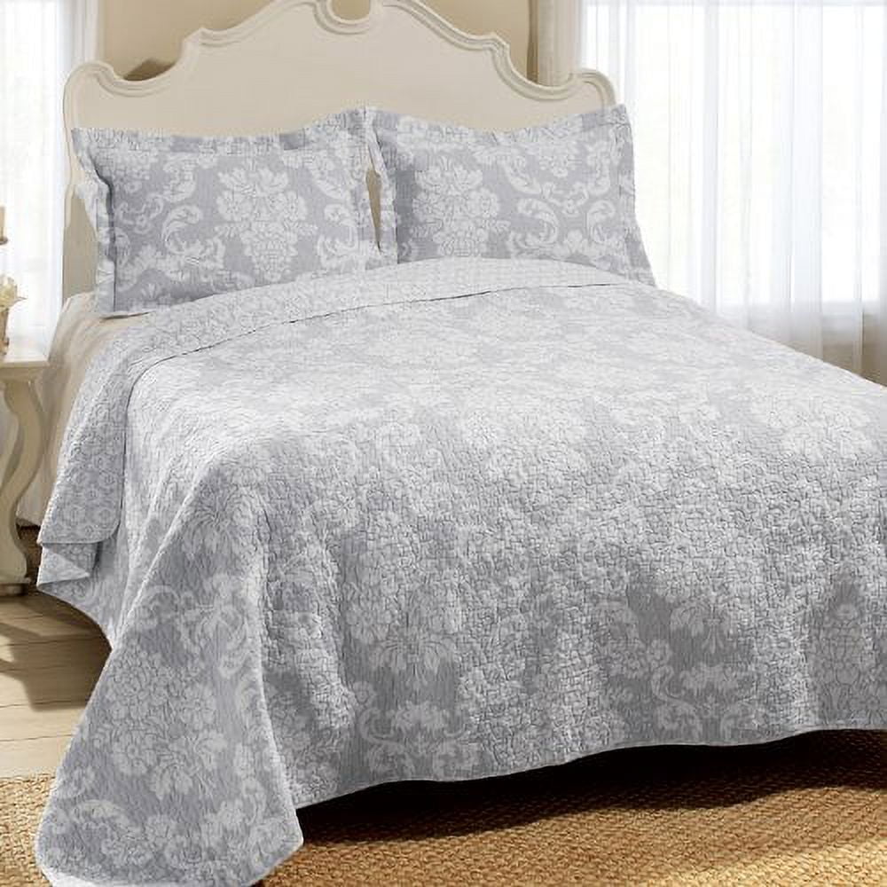Gray Twin Cotton Reversible Quilt Set with Floral Pattern