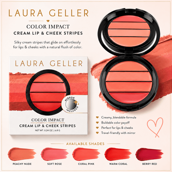 Laura Geller Color Impact Cream Lip & Cheek Stripes, Bare Essentials, 0.24 oz / 6.8 g