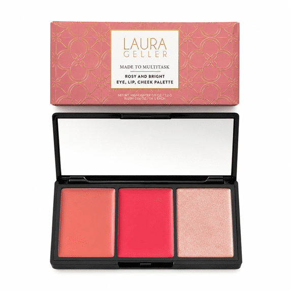 Laura Geller Made to Multitask Rosy and Bright Eye, Lip & Cheek Palette | 3-in-1 Cream-to-Powder Makeup Palette | Blush, Highlighter & Lip Color