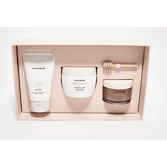 Laura Mercier Amber Vanille Honey Bath, Body Wash and Serum Body Cream Holiday Edition Luxe Body 3 Piece Set