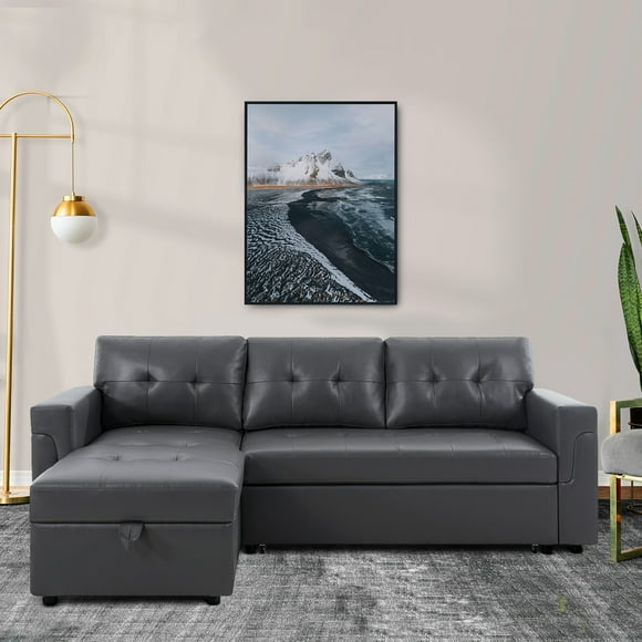 Laura Reversible Sleeper Sectional Sofa Storage Chaise, Dark Gray,Air Leather-Color:Dark Gray,Fabric:Air Leather