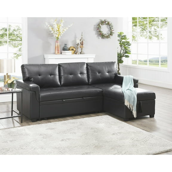 Laura Reversible Sleeper Sectional Sofa Storage Chaise by Home Emporium-Color:Black,Fabric:Air Leather