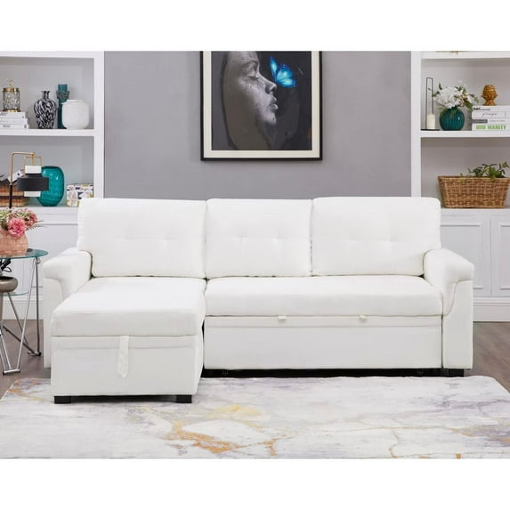 Laura Reversible Sleeper Sectional Sofa Storage Chaise by HomeStock-Color:White,Fabric:Air Leather
