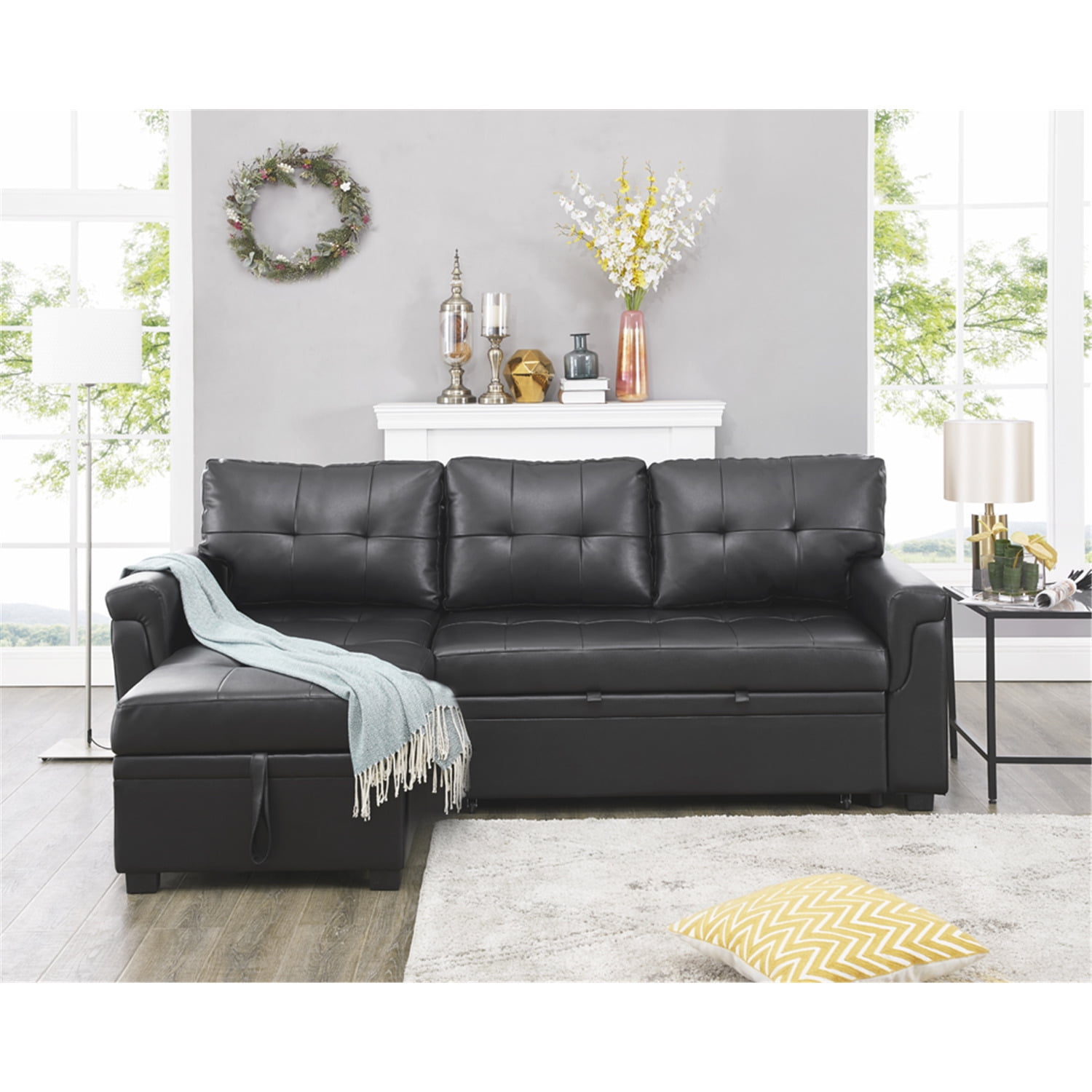 Laura Reversible Sleeper Sectional Sofa Storage Chaise by Naomi HomeColorBlack,FabricAir