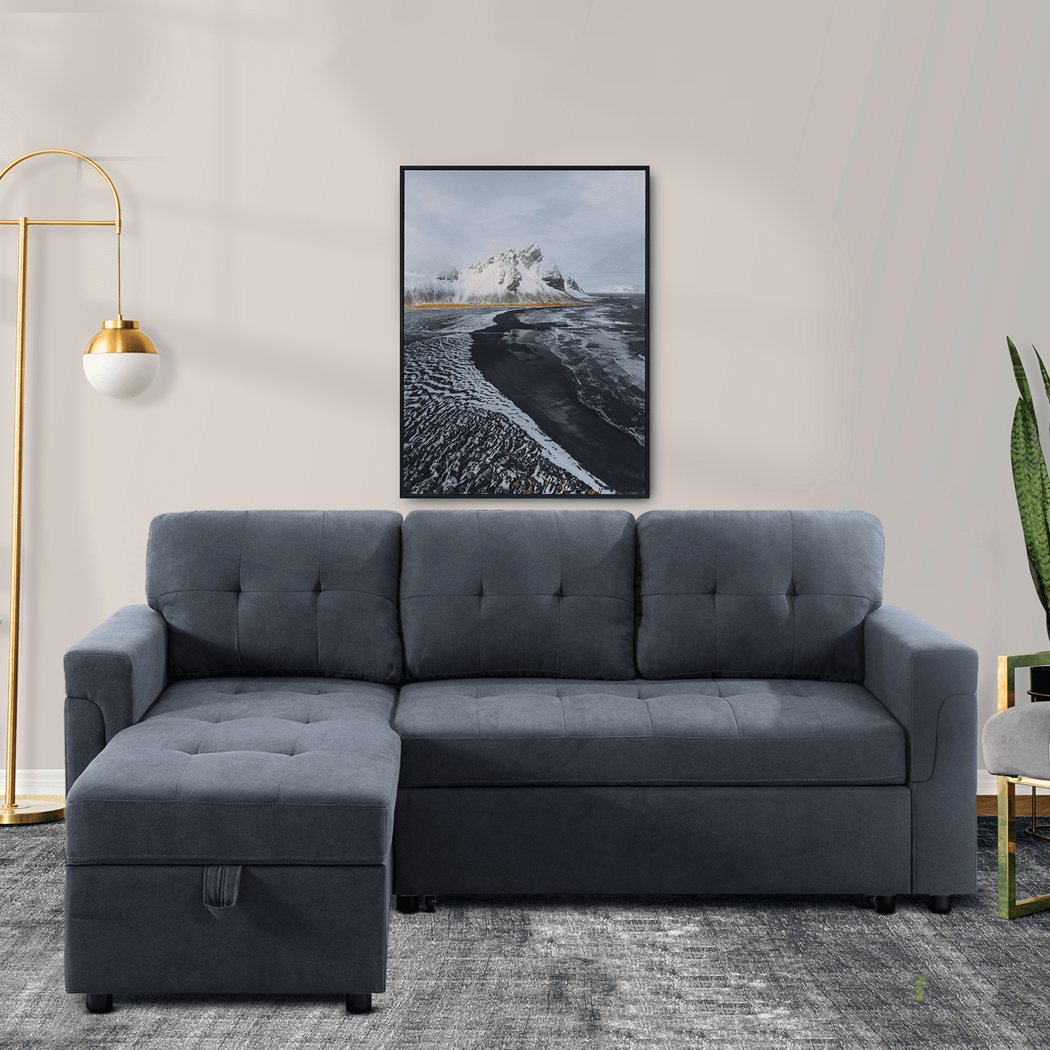 Naomi Home Laura Velvet Sleeper Sectional Sofa, Dark Gray Comfy Apartment Size Corner Couch