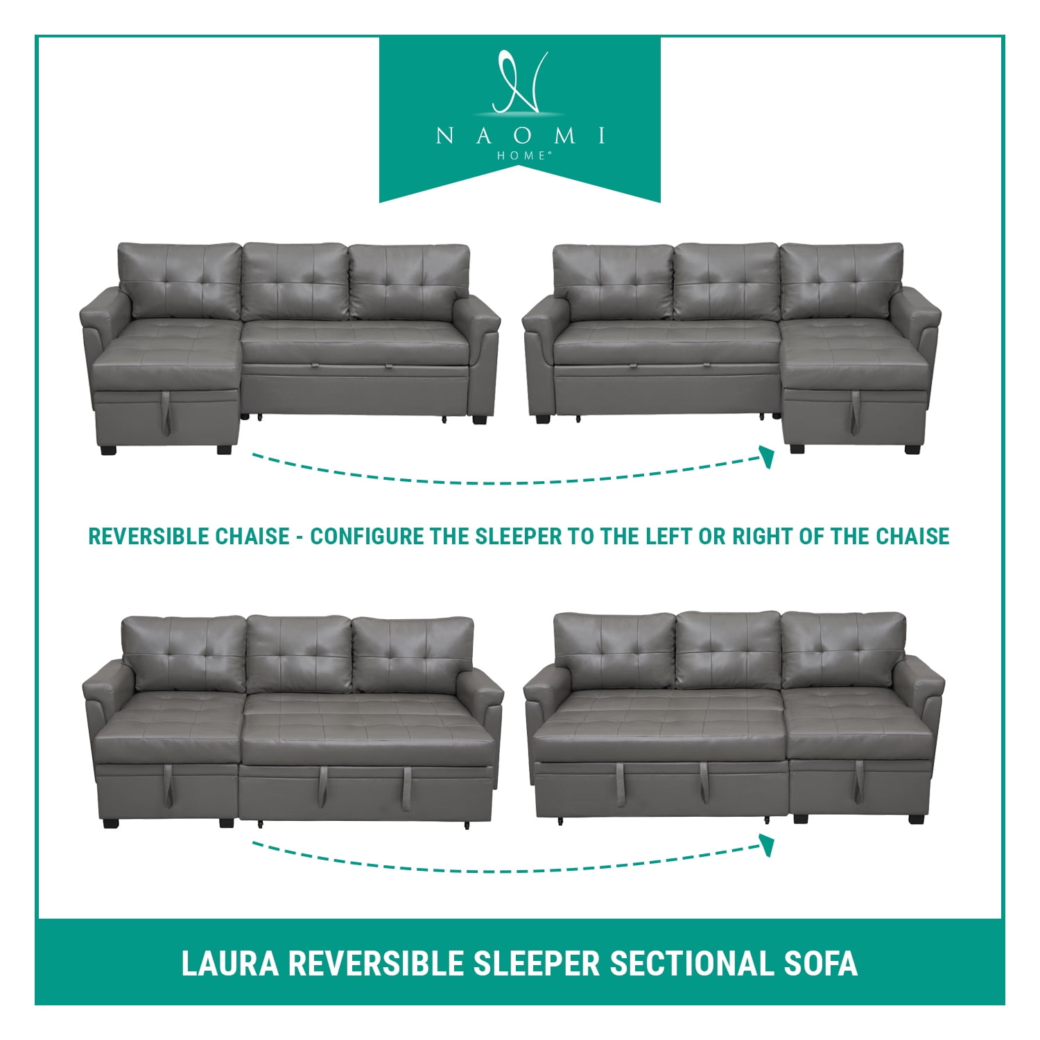 Laura Reversible Sleeper Sectional Sofa Storage Chaise by Naomi HomeColorEspresso,Fabric