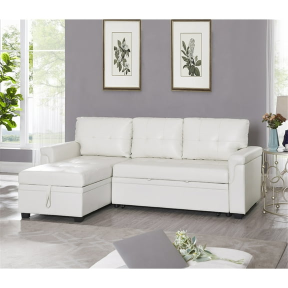 Chaise Sectional Sleeper Sofa with Storage - Convertible Couch with Chaise Lounge for Living Room -Color:White,Fabric:Air Leather
