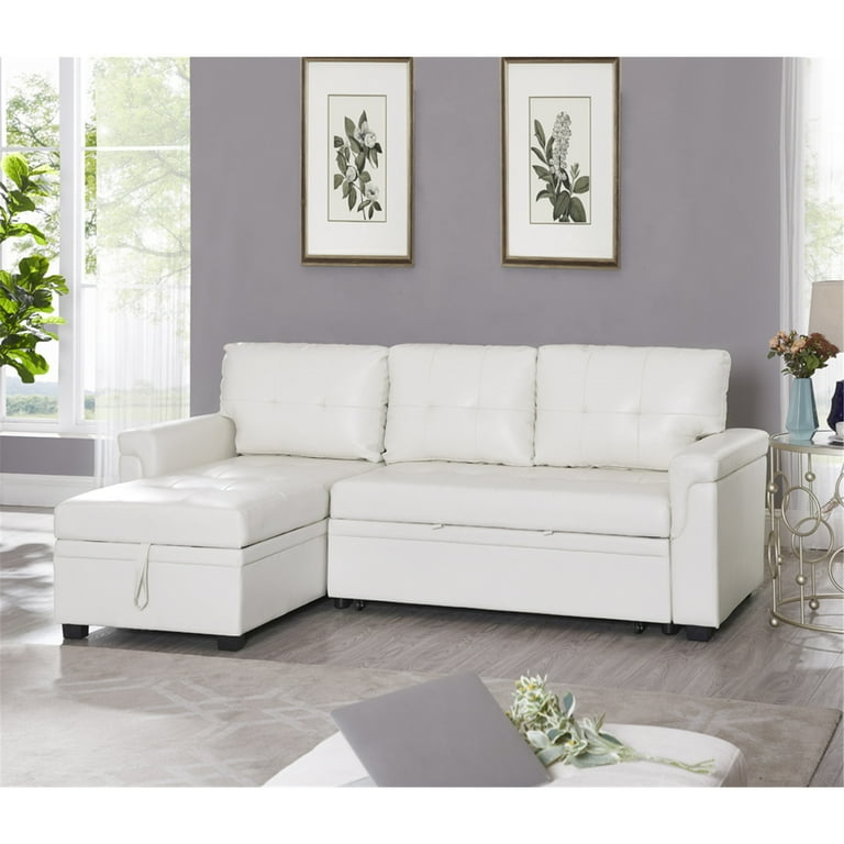 Laura Reversible Sleeper Sectional Sofa Storage Chaise by Naomi Home Color White Fabric Air Leather
