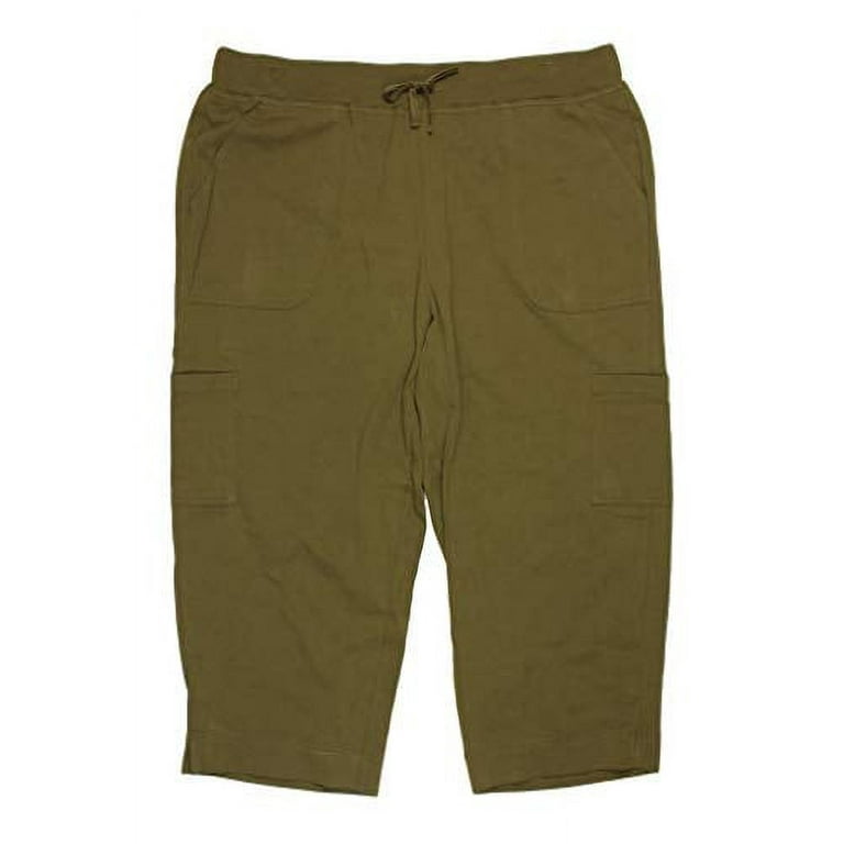 Laura Scott Plus Size Women s Soft Stretch Knit Cargo Capri Pants Mid Calf Length Elastic Waistband 2X Olive Night Walmart