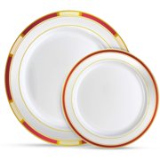 Laura Stein Designer Dinnerware Set | AFN164 Disposable Plastic Party Plates | Plates with Burgandy Rim & Gold Accents | Includes 32 x 10.75 Dinner Plates + 32 x 7.5  Salad Plates | Venetian