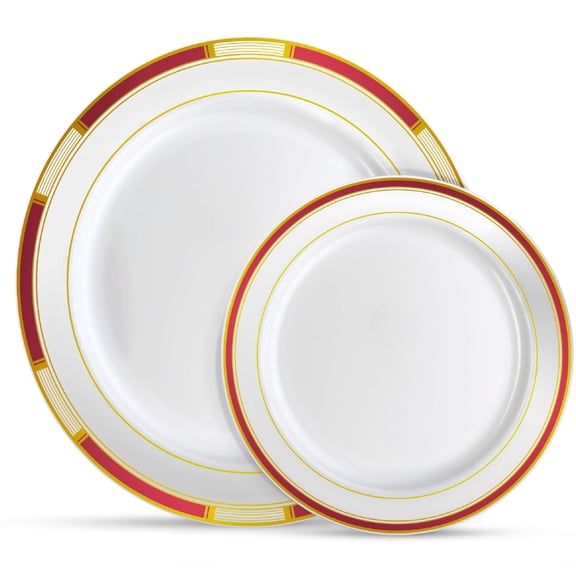 Laura Stein Designer Dinnerware Set | AFN164 Disposable Plastic Party Plates | Plates with Burgandy Rim & Gold Accents | Includes 32 x 10.75 Dinner Plates + 32 x 7.5 Salad Plates | Venetian