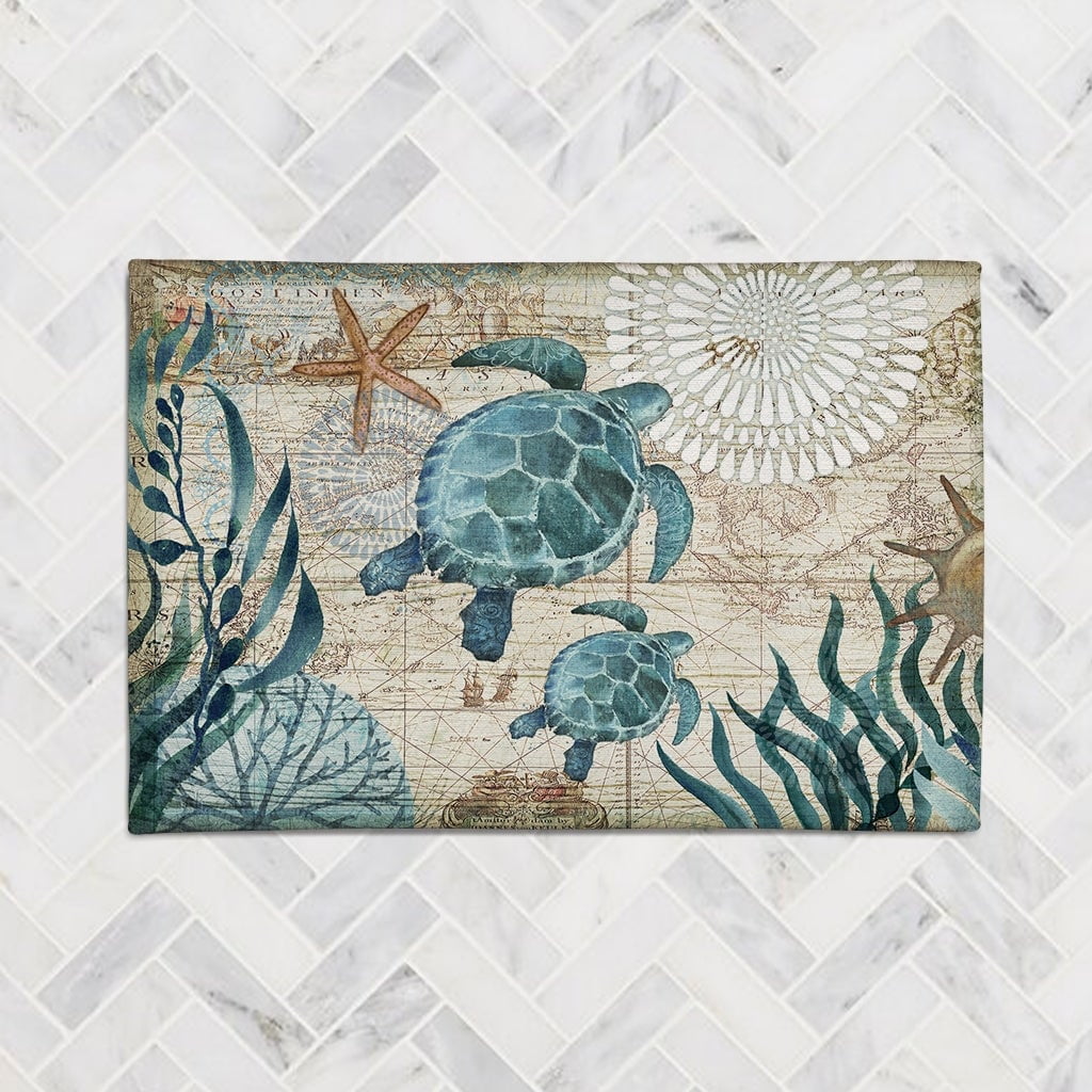 Blue and Beige Chenille Coastal Non-slip Accent Rug 2' x 3'