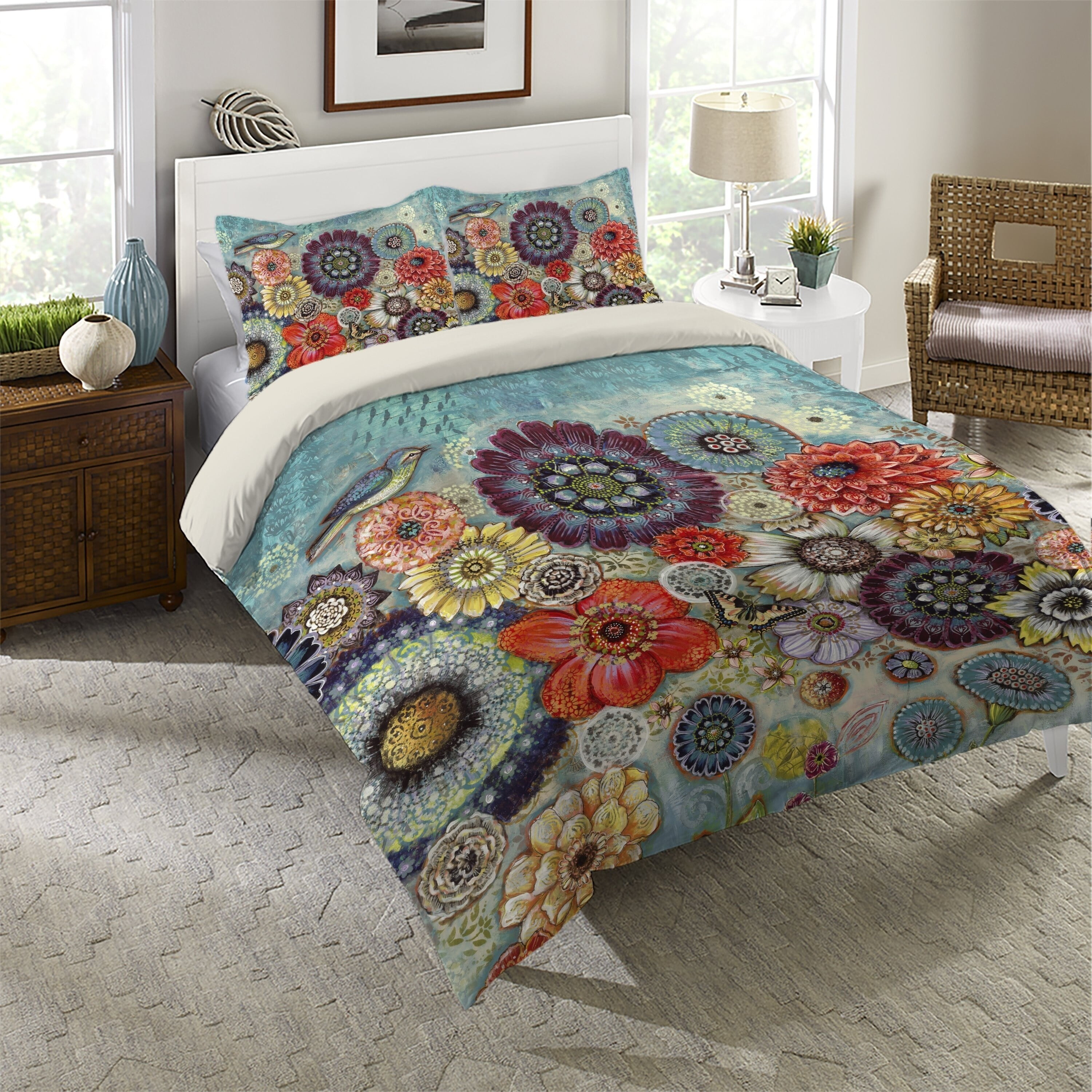 Blue Bird Boho Floral Cotton Standard/Queen Sham