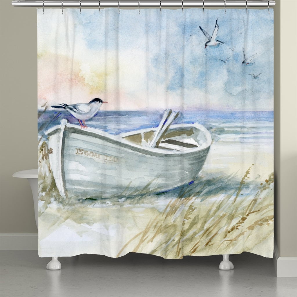 Coastal Sanctuary Watercolor Boat Fabric Shower Curtain