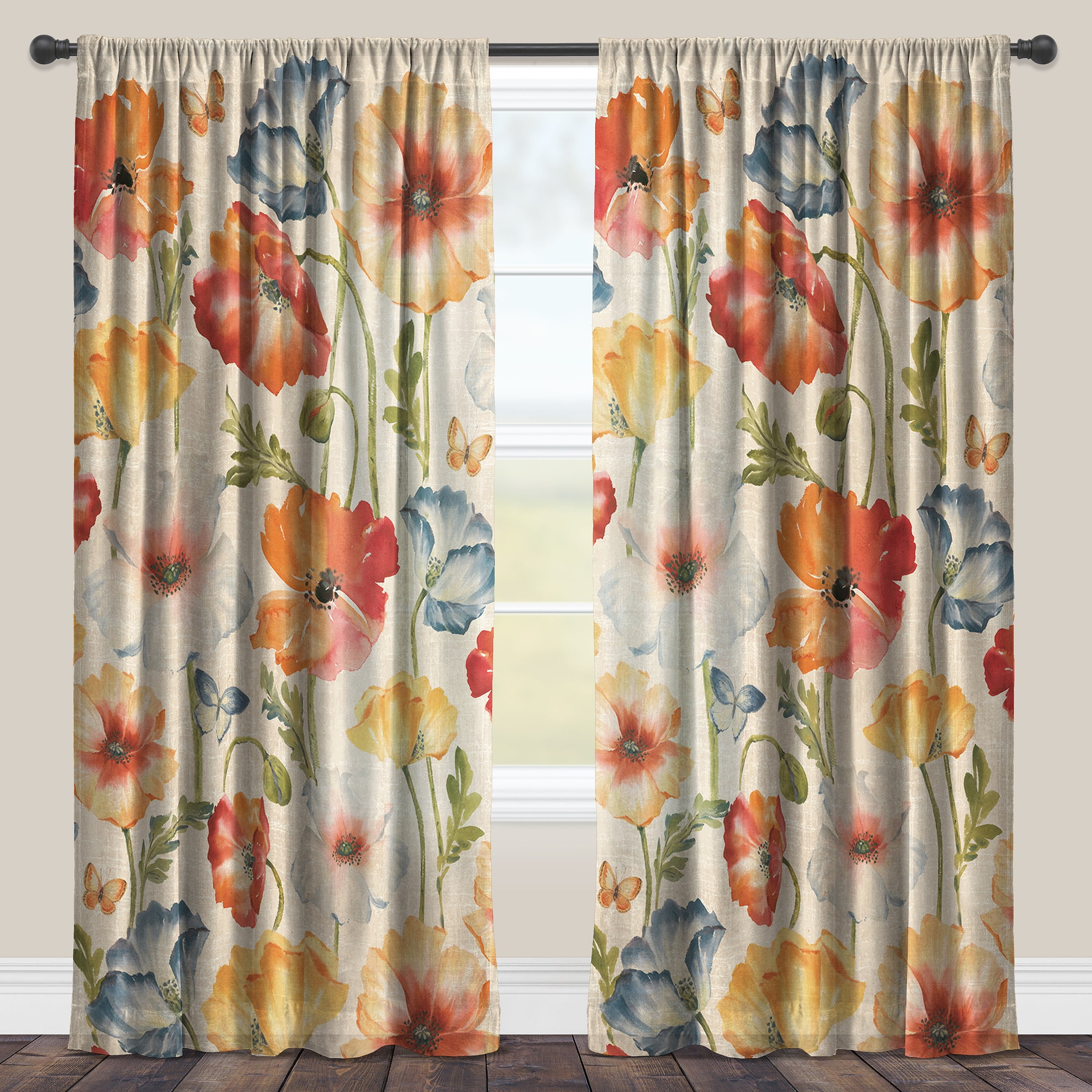Colorful Poppies Sheer Blue Linen Polyester Window Panel