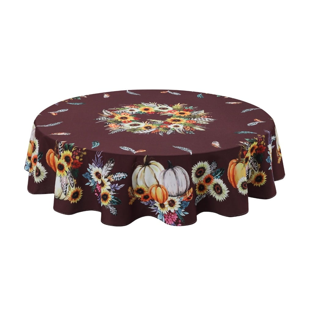 Burgundy Round Fabric Tablecloth with Fall Floral Design