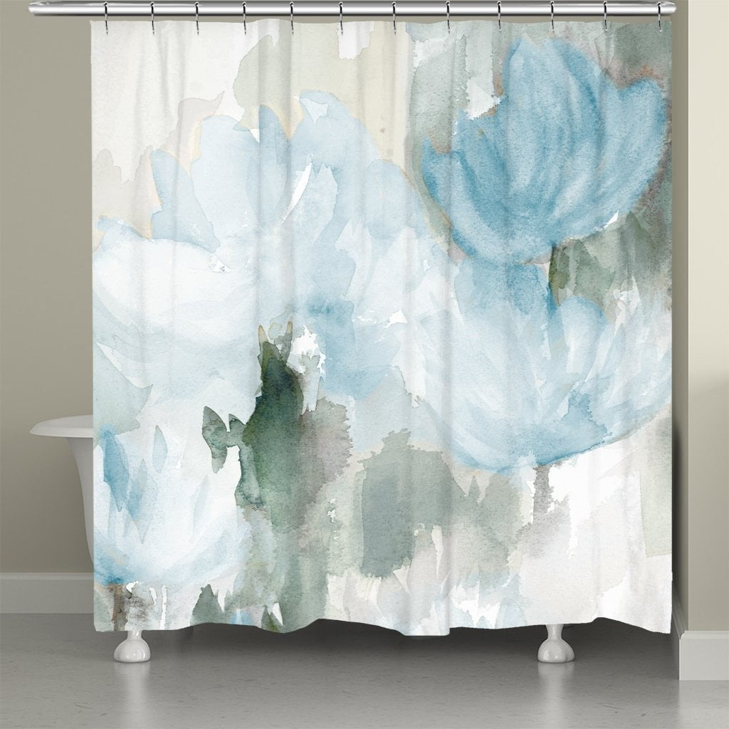 Frosted Blue Blooms Watercolor Fabric Shower Curtain
