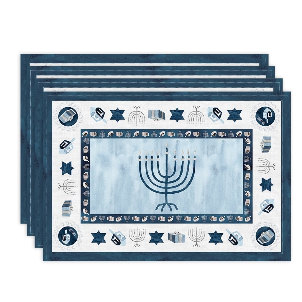 A set of four blue and white Hanukkah themed placemats