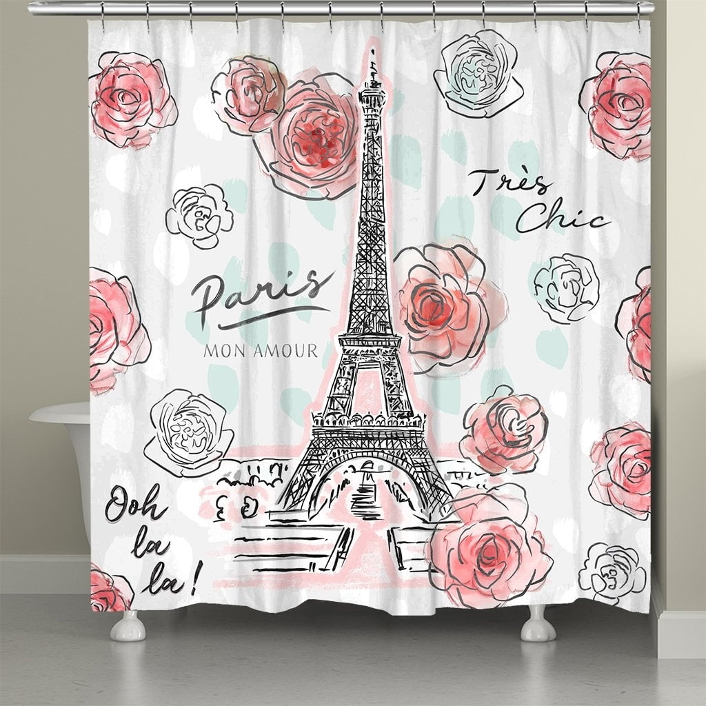 Paris Mon Amour White and Pink Fabric Shower Curtain