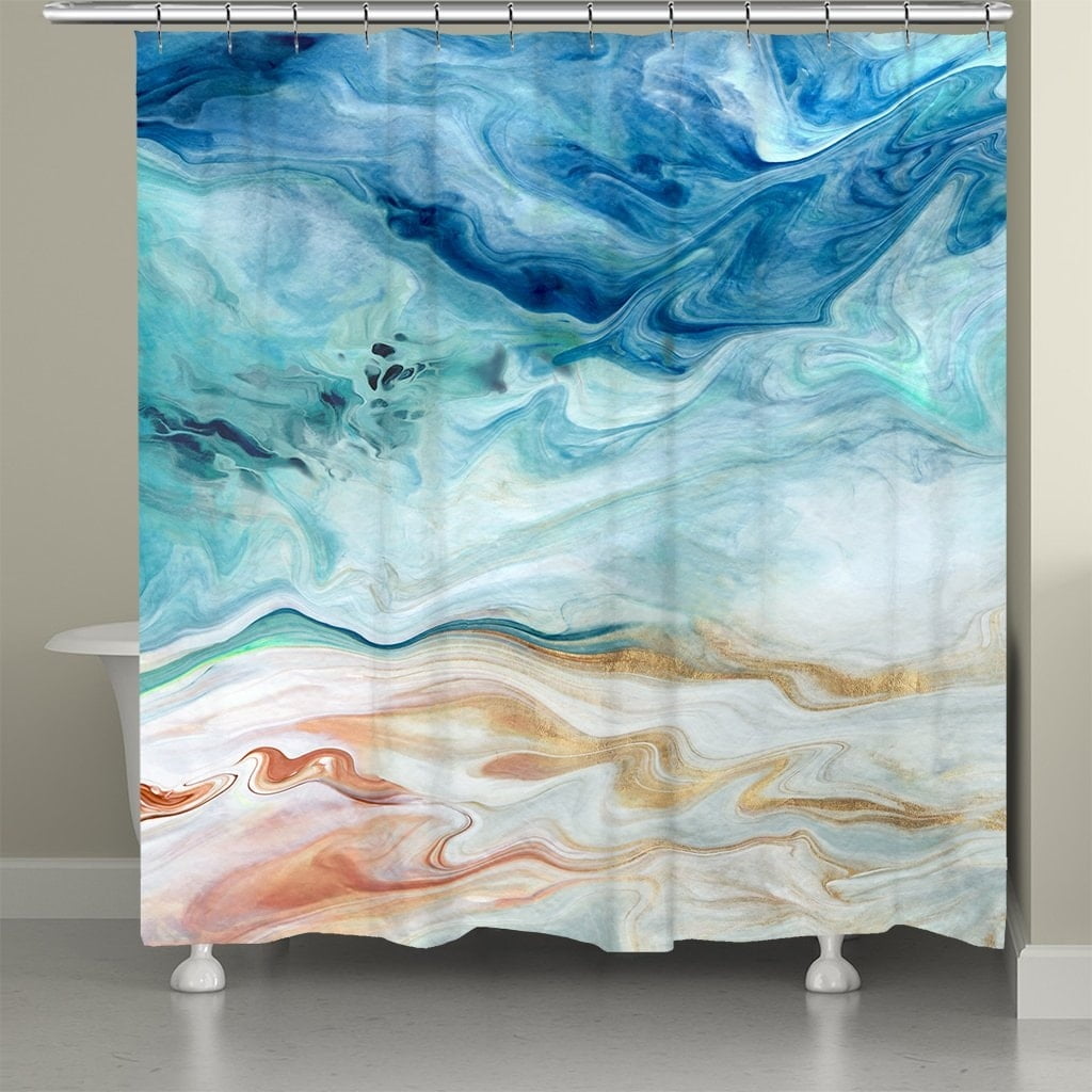 Abstract Ocean Waves Blue and Gold Fabric Shower Curtain