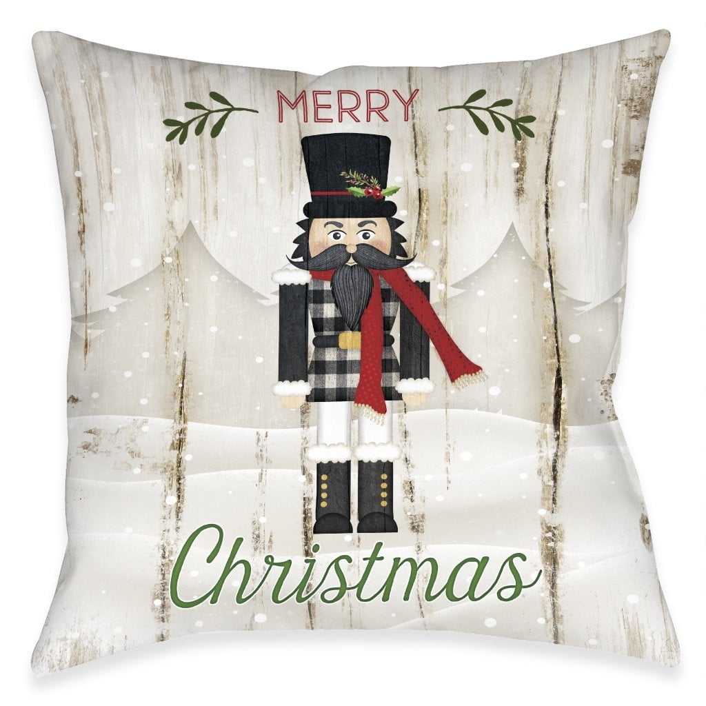 Festive Square Nutcracker Christmas Pillow with Plaid Design