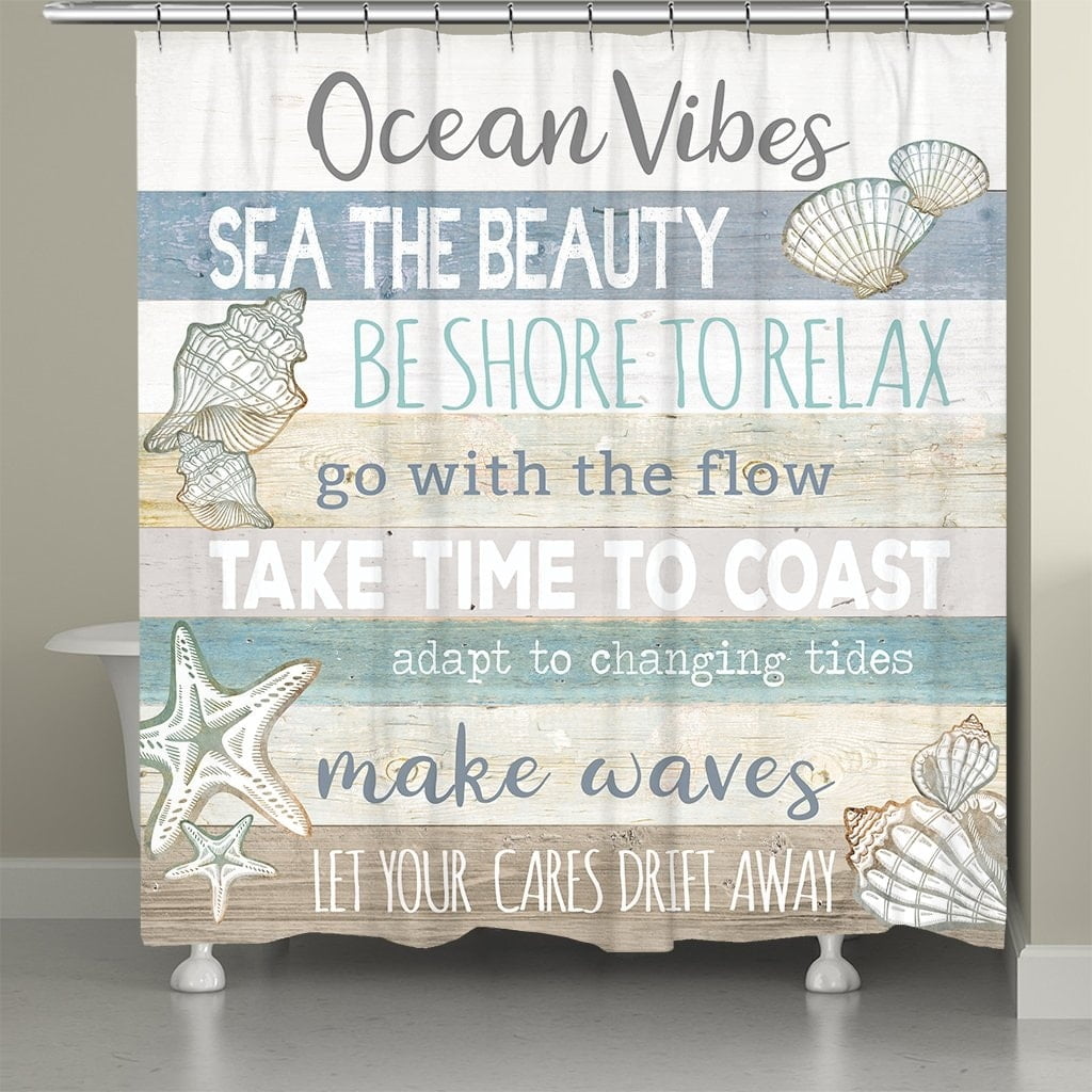 Ocean Vibes Blue Polyester Beach-Themed Shower Curtain
