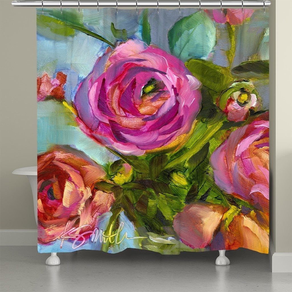Painterly Roses Multicolor Fabric Shower Curtain