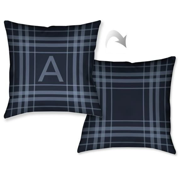 Laural Home Plaid Navy Blue Monogram Decorative Throw Pillow (18 inches x 18 inches)